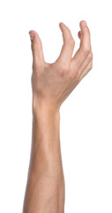 Obraz premium Man holding something on white background, closeup