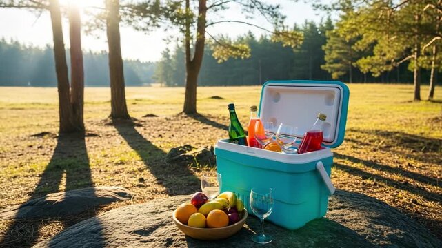 Bright turquoise cooler filled with chilled beverages and fresh fruit for an outdoor picnic setting