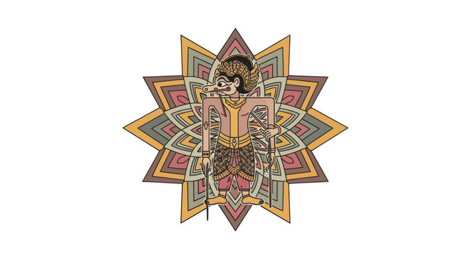 A cartoon-like illustration of a Javanese wayang character in front of a starburst