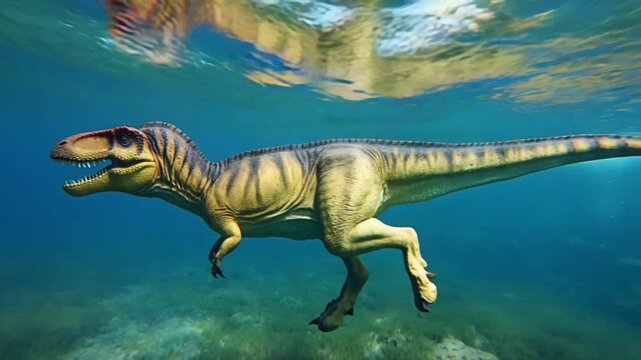 Tyrannosaurus Rex swimming underwater with open mouth and sharp teeth