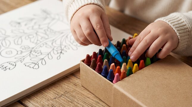 Child hands picking blue wax crayon from box for coloring book activity.