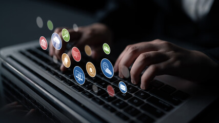 Set of business and digital service icons representing finance, cloud, analytics, email, communication, ecommerce, cybersecurity, and global connectivity in a modern ecosystem Latch