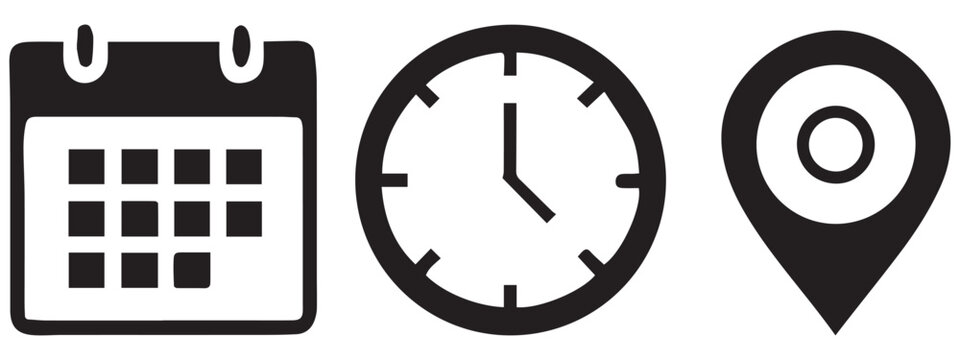 Calendar, Clock & Location Pin Icons: Date, Time, Place .