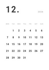 Monthly page Calendar Planner Template design of December 2026. Vector layout of calendar with week start Monday for Scheduling. Page for size A4 or 21x29.7 cm