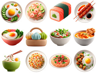 Stylized 3d Rendered Set of Diverse Asian Cuisine Dishes and Meals