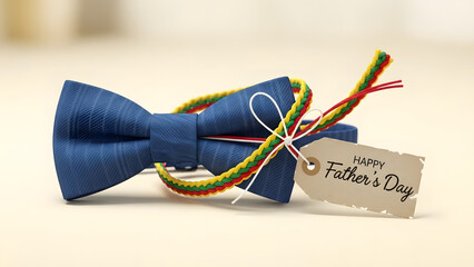 A stylish blue bow tie, beautifully adorned with a colorful string and a 'Happy Father's Day' gift tag, symbolizing appreciation and celebration for fathers
