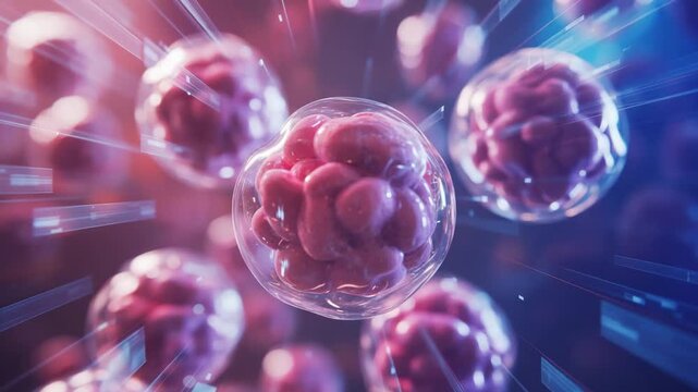 Cluster of embryonic stem cells in glassy spheres surrounded by vibrant red and blue lighting effects