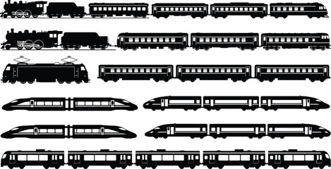 Train silhouettes vector collection, railway locomotives and passenger cars set, modern and vintage rail transport, metro, tram, high speed illustration © Gita