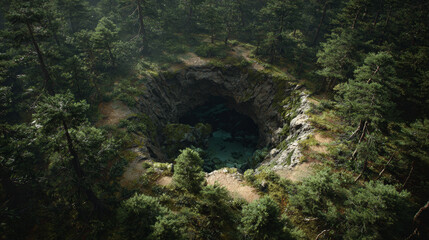 Large natural hole or sinkhole in a dense forest with rocky edges and lush green trees surrounding it