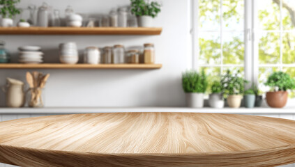 Round wooden tabletop with smooth polished surface in a bright kitchen setting