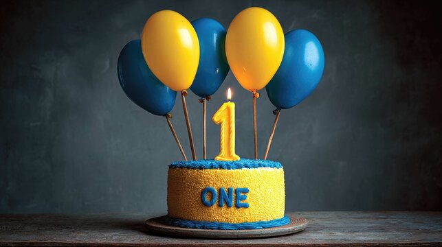 Birthday cake with "ONE" candle, surrounded by blue and yellow balloons, on a wooden table
