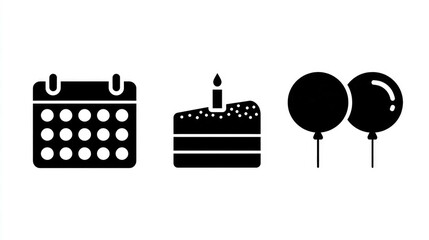 Black and white icons Calendar, cake slice with candle, and two balloons on white