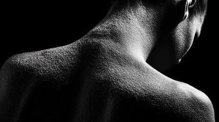 Black and white studio portrait of a person's upper back and neck, with dramatic lighting