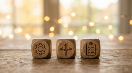 Wooden cubes showing workflow segmentation icons aligned using crisp macro detail and softly glowing background blur