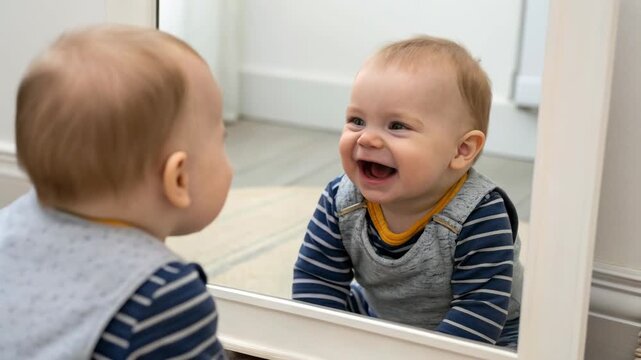 Smiling baby infant toddler exploring mirror reflection with joyful smile happy expression in soft natural light striped shirt gray romper
