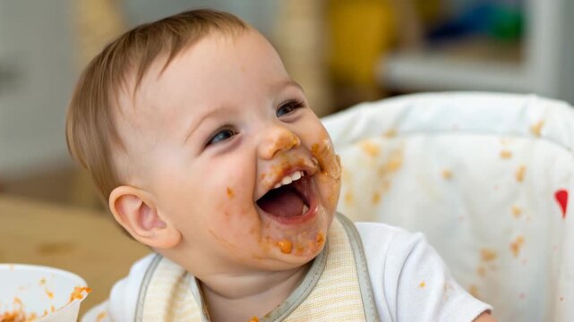Happy messy baby eating puree with food face and bib laughing meal happy baby with messy face eating puree highchair smiling with joy and food bib