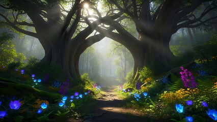 Enchanted forest path with glowing blue flowers and sunbeams