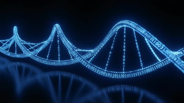Futuristic DNA Structure with Binary Code in Neon Blue Against a Dark Background