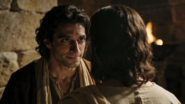 Judas Iscariot talking to Jesus Christ while plotting his betrayal. The cunning smile of the traitor in a dark ancient room with flickering firelight. Cinematic biblical scene