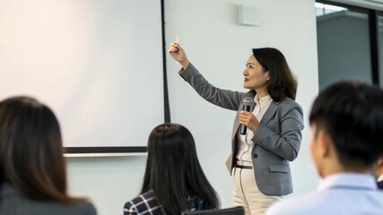 Professional speaker microphone business card presentation seminar audience corporate presenter smiling confident engaging workshop training note