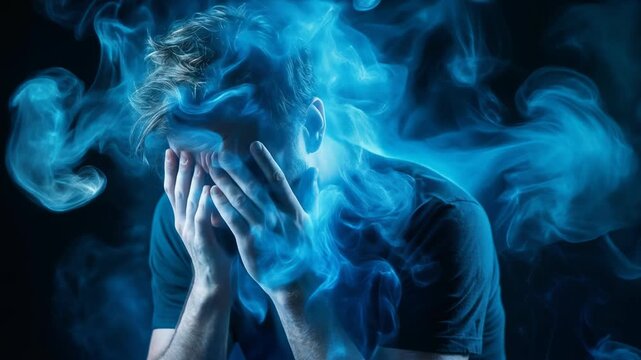 Emotional man surrounded by blue energy expressing despair and anxiety in a dramatic artistic portrayal