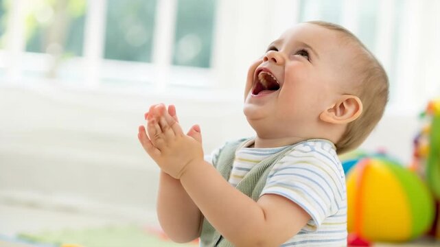 Laughing baby clapping hands joyful infant toddler in bright nursery playroom playing with colorful toy ball smiling reaching toward light