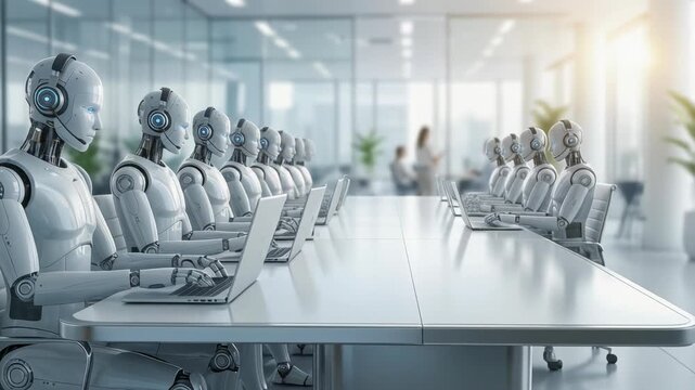 Futuristic robots working in a modern office environment with laptops and headsets for efficient communication