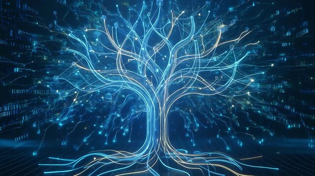 Futuristic digital tree with glowing connections and vibrant lights representing technology and growth