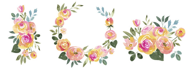Pink and Orange Watercolor Floral Bouquet Elements Set Isolated