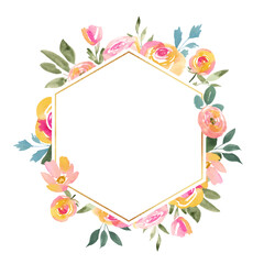 Fototapeta premium Pink and Orange Watercolor Floral Hexagon Frame with Leaves on Transparent Background