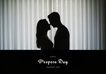 Silhouette Couple Embracing Against Curtains for Propose Day proposal engagement