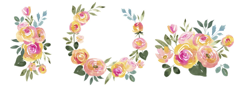 Pink and Orange Watercolor Floral Bouquet Elements Set Isolated