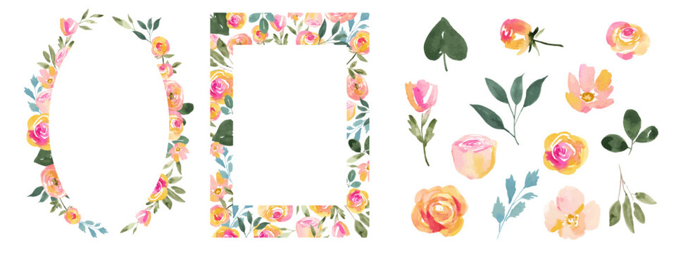Pink and Orange Watercolor Floral Frame and Botanical Elements Set