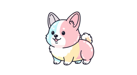 A cartoon dog with a colorful pastel coat stands on a plain white background viewed from the side