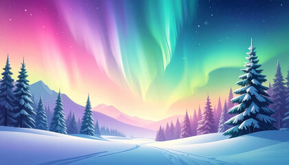 A breathtaking winter landscape illuminated by a vibrant, colorful aurora borealis over snow-covered pine trees and distant mountains.