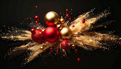 Dynamic explosion of red and gold Christmas baubles with shimmering glitter against a dark background, creating a festive and luxurious display.