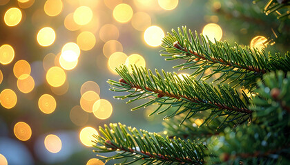 Close-up of vibrant green pine tree branches with sparkling golden bokeh lights in the background, creating a festive and warm atmosphere.