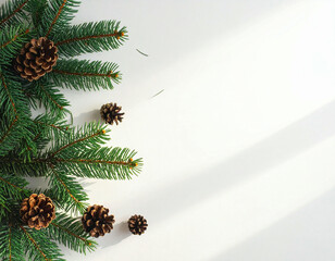 Green fir branches with natural pine cones arranged on a white background, creating a festive border with soft shadows.