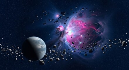 Distant Alien Planet Orbited by Asteroid Belt Underneath a Vibrant Nebula in Deep Space Cosmos