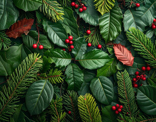 Vibrant green foliage with pine needles, various leaves, and bright red berries, forming a rich, natural winter holiday background.