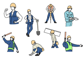建設現場で働く作業員のさまざまな動作や役割を描いたシンプルなイラスト素材｜工事や土木や安全管理など現場作業をイメージしたビジュアル表現