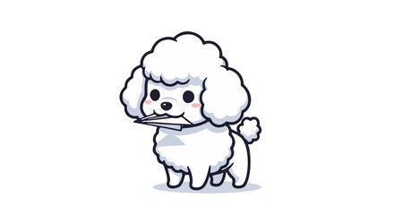 A white poodle standing on a white background holding something in its mouth from a front view