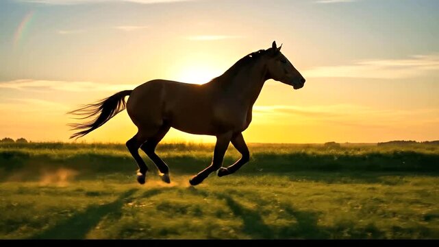 Majestic brown horse galloping across a vibrant green field at sunset, capturing the essence of freedom and natural beauty.