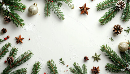 Christmas and New Year holiday background with fir branches, pine cones, red berries, and star anise on a white textured surface.