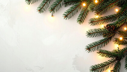 Christmas tree branch with warm string lights and a pinecone on a light textured background, offering copy space for holiday greetings.