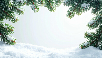 Snow-covered fir tree branches frame a bright white background with a gentle snowdrift, creating a festive winter scene.