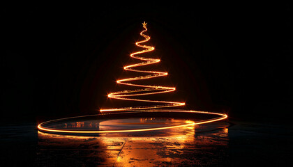 A glowing golden light spiral forms an abstract Christmas tree with a reflective base on a dark background, creating a festive and modern holiday display.