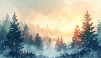 A serene and misty forest landscape at sunrise or sunset, with evergreen trees and a warm, ethereal glow.