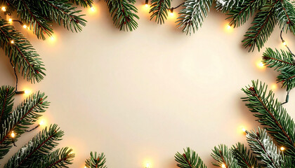 Festive Christmas frame with fir branches and warm string lights on a beige background, perfect for holiday greetings.