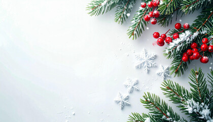 Festive winter background with snow-dusted fir branches, red holly berries, and sparkling silver snowflakes on a white surface.